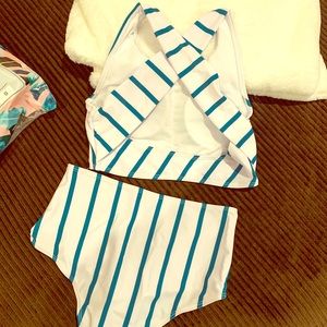SHEIN high waisted white & teal bathing suit